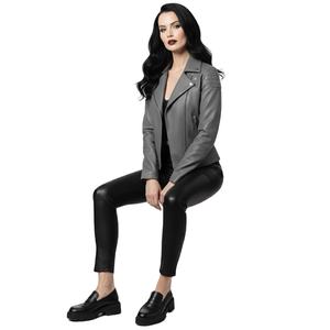 Chaqueta de Motociclista de Cuero Gris al por Mayor, Chaqueta de Cuero Genuino Estilo Motero para Mujer, Precio de Fábrica Personalizado - Product Image 1