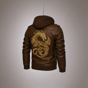 แจ็คเก็ตบอมเบอร์หนังสีน้ำตาลสำหรับผู้ชายงานตามสั่งปักลายมังกรทองเสื้อผ้าแนวสตรีทและเครื่องแต่งกายสำหรับรถจักรยานยนต์ - Product Image 3