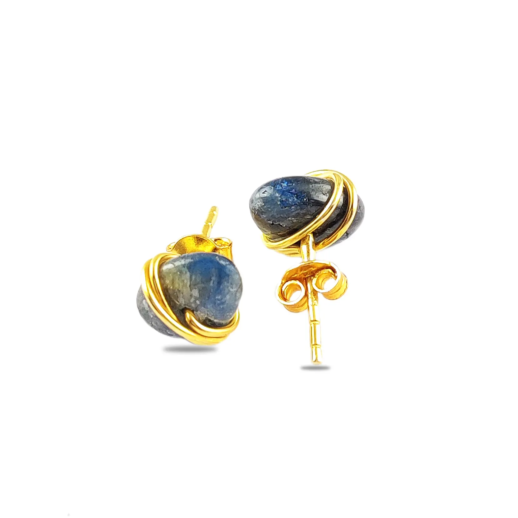 Natural Blue Sapphire Gemstone Oval 8-10mm Wire Wrapped Gold Vermeil 925 Sterling Silver Stud Earring Gemstone 925Silver Earring