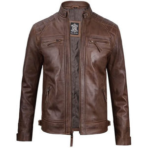 Chaqueta de Motociclista para Hombre, de Piel de Oveja Auténtica, con Cierre, Estilo Gatsby, Color Marrón, Ecológica, Resistente al Viento, Forro Acolchado Marrón, Logotipo Frontal - Product Image 6