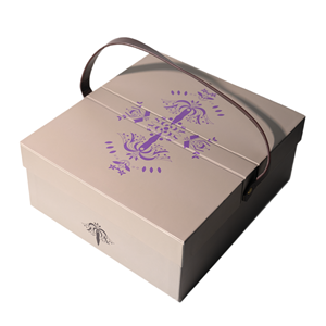 Boîte cadeau personnalisée de couleur claire avec poignée en cuir à motif violet et diviseur intérieur Boîte en papier rigide de luxe pour ensemble de tasses à café - Product Image 1