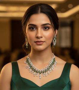 Ensemble collier et boucles d'oreilles Éclat Royale en émeraude, confectionné avec des pierres vert émeraude de qualité supérieure et des pierres blanches cristallines - Product Image 2