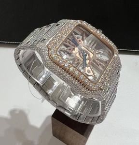 Montre mécanique deux tons en acier inoxydable or rose Moissanite boîtier carré entièrement glacé avec fenêtre à cadran en verre - Product Image 4