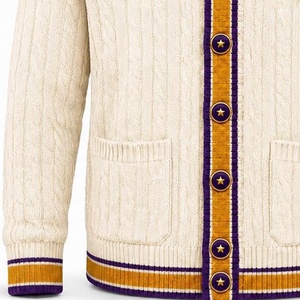 Cable Knitted Embroidered Omega Fraternity Purple Gold Stripes Customized <b>Long</b> Sleeve V-neck Fashionable <b>Warm</b> 100% <b>Cardigan</b> - Product Image 4