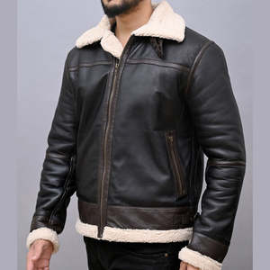 High Quality 2026 Breathable Customized <b>Men's</b> Vintage <b>Shearling</b> Sheepskin Leather Jacket Bomber Flying Aviator <b>Coat</b> Fur Collar - Product Image 4