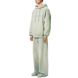 Pantalon de jogging ample en molleton de coton d'hiver de haute qualité, style streetwear, 2 pièces, vert délavé, surdimensionné, style boxy, fermeture éclair, survêtement pour homme - Product Image 3