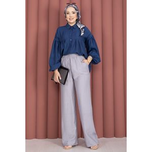 Grey Casual Wide Leg <b>Trousers</b> with <b>Elastic</b> High Waistband Breathable Oxford Fabric Mid <b>Waist</b> Wrinkled Cargo Flare Style - Product Image 3