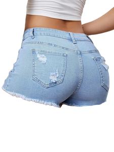 กางเกงยีนส์ขาสั้นเอวสูงทรงกระบอกสำหรับผู้หญิง ขอบขาจั๊มพ์ แต่งขาดๆ สไตล์ลำลองสำหรับฤดูร้อน - Product Image 2