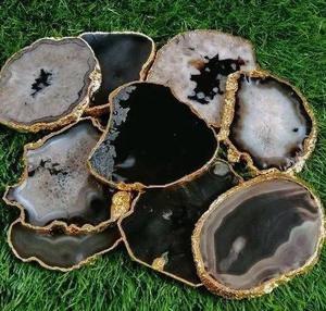 Posavasos de ágata negra de lujo con bordes dorados, posavasos de piedra Natural para bebidas, rebanada de cristal pulido para decoración de mesa de Bar en casa a granel - Product Image 3