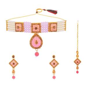 Gold Plated Indian Jewelry Set for Women Faux <b>Pearl</b> Beaded Crystal <b>Choker</b> Necklace Jewellery Set, Pink - Product Image 1