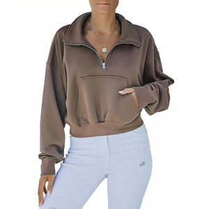 Sudadera con capucha y cremallera elegante y cómoda para mujer, sudadera recortada de cuello alto con bolsillo delantero para la temporada de invierno - Product Image 5