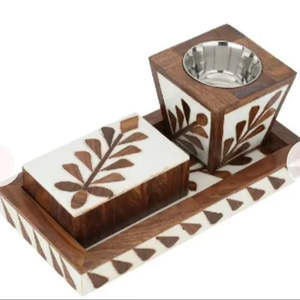 Ensemble de brûleurs d'encens traditionnels MOP bois arabe religieux brûleurs d'encens plateau pour cadeau de Ramadan Eid - Product Image 1