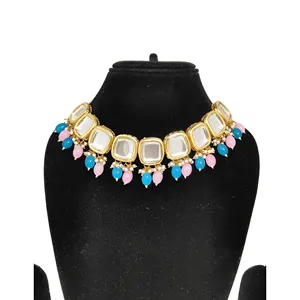 Ensemble de collier Kundan Meenakari avec zircon rose et bleu, diamant et perle, plaqué or, bijoux fins pour cadeaux, y compris une bague - Product Image 3