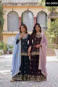 Ropa de boda india y pakistaní Faux Blooming con lentejuelas bordadas diseñador de trabajo Sharara traje con trabajo pesado Dupatta - Product Image 3