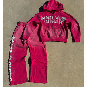 Ensemble survêtement personnalisé de haute qualité pour homme, pantalon de survêtement évasé et sweat à capuche, ensemble en coton, sweat à capuche zippé avec strass - Product Image 1