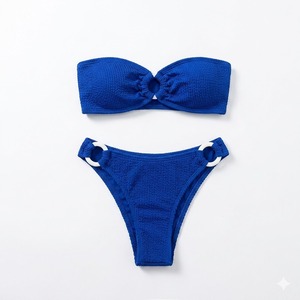 Ensemble bikini bandeau en tricot vert pour femme, 2 pièces, bas de bikini string, maillot de bain extensible texturé - Product Image 2