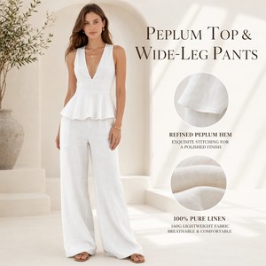Top peplo da <span class=keywords><strong>donna</strong></span> in <span class=keywords><strong>lino</strong></span> due pezzi con scollo a V profondo e <span class=keywords><strong>pantaloni</strong></span> larghi per abbigliamento Casual Chic <span class=keywords><strong>pantaloni</strong></span> larghi senza maniche - Product Image 3