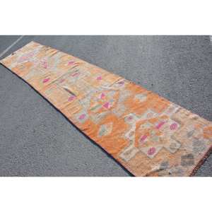 Alfombra de lana turca naranja y rosa Vintage, diseño de retales de tejido plano de 2,6x11,5 pies para decoración para sala de estar, respaldo de látex de 4m de ancho - Product Image 4