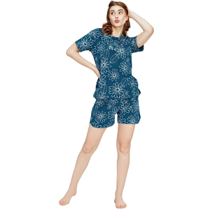 Conjunto doble con estampado Floral de verano para mujer, Top de manga corta y pantalones cortos de alta demanda, ropa de dormir transpirable de 2 piezas - Product Image 5