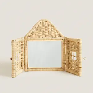 Top sellers hanging rattan house shape mirror decorative bohemian style home decor accessories other kids furniture