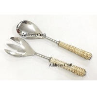Ensemble de service à salade en acier inoxydable plaqué or PVD avec manche en bois Ustensiles de cuisine vintage Cuillère à salade Fourchette Set Personnalise Outil à salade