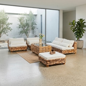 Handcrafted rattan sofa set natural wicker outdoor indoor patio sectional sofa modular couch coffee table stool cushion unit - Product Image 3