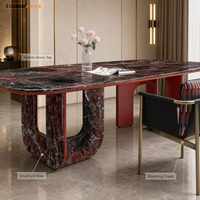 Ensemble de table à manger en marbre rouge moderne de luxe avec 8 chaises, plateau ovale en pierre pour la maison et l'hôtel