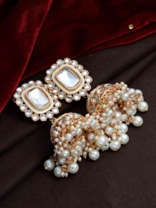 Pendientes tradicionales nupciales Kundan Jhumki Perlas y Meenakari para bodas Regalo para ella - Product Image 2