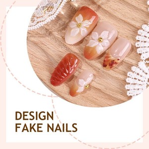 Lot de 30 faux ongles haut de gamme à motif amande, fleurs 3D, feuilles d'érable et imprimé léopard, style <span class=keywords><strong>manucure</strong></span> française, collection automne/hiver, vente en gros - Product Image 3