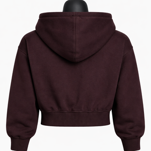 Sudadera corta con capucha y cremallera completa para mujer, de forro polar, color burdeos liso, estilo urbano, longitud corta, personalizable con logo. - Product Image 2