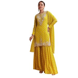 Set Chinon Sharara stampato giallo brillante con taglio Dana e paillettes vivace festa e cerimonia di nozze vestito Kurti - Product Image 2