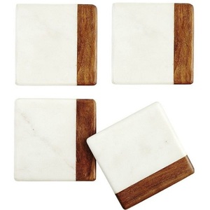 Organic Home 4-Piece <b>Coasters</b> Set in <b>White</b> Marble and Acacia Wood Mat & Pads - Product Image 1