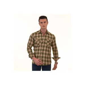 Chemise coupe ajustée western en laine à carreaux vert kaki beige et orange avec poches détaillées pour l'hiver - Product Image 2