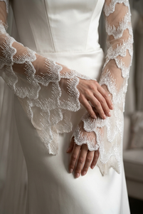 <b>White</b> Beaded Plain Woven Tulle <b>Lace</b> <b>Fabric</b> with Wave Pattern Embroidered Lightweight 70GSM for Wedding Girls - Product Image 6