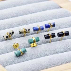 Natural Lapis Lazuli Tube <b>Stud</b> Earring Gold Plated Wire Wrapped Gemstone <b>Stud</b> Earring, Valentine Gift jewelry - Product Image 5