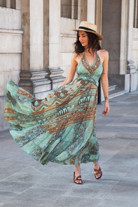 Robe longue d'été de plage 100% Soie Coupe trapèze Formelle Dentelle Bretelles réglables Col en V à volants Naturelle Lavable Imprimé vert bleu - Product Image 5