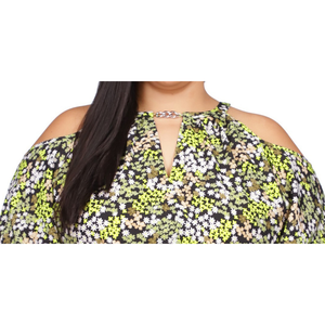 Top in chiffon verde da donna Michael Kors, taglia 2XL, con scollo a goccia, spalle scoperte, dettaglio catena, motivo floreale, maniche corte e orlo a fazzoletto - Product Image 2