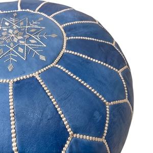 Blue Moroccan Leather Pouf Ottoman Handmade <b>Stitched</b> <b>Cushion</b> Seat for Bedroom Living Room Hotel - Product Image 4