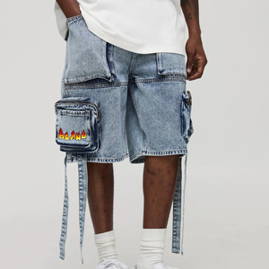Shorts en denim 100% coton de haute qualité, logo imprimé à l'écran personnalisé, 6 poches, style hip-hop confortable - Product Image 1