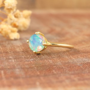 Round White Rainbow Fire Opal Ring Statement October <b>Birthstone</b> Minimalist Ethiopian Opal 925 Sterling Silver 14K Gold Plated - Product Image 2