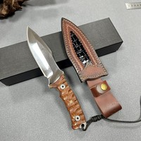 Couteau tactique à lame fixe Full Tang 5Cr13MoV, épaisseur 5,5 mm, couteau de chasse et de camping avec manche en bois texturé et étui en cuir
