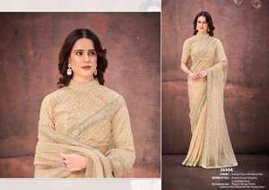 Sari en soie satinée avec travail de paillettes riches sur toute la surface, ornements de perles, sari extensible avec blouse - Product Image 6