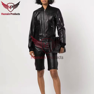 Veste en cuir véritable noir pour femme, col côtelé, poches à rabat en peau de mouton, veste bomber MA1, vêtements d'extérieur chauds personnalisés pour l'automne et l'hiver - Product Image 4