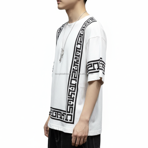 Camiseta Blanca de Lujo para Hombre, Diseño Geométrico Griego con Borde Negro, Hombros Caídos, Estilo Urbano Premium, Logotipo Personalizado OEM - Product Image 6