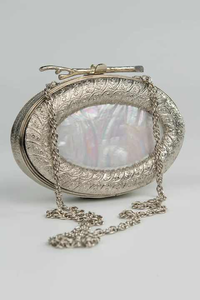 Ornate <b>Silver</b> Clutch with Red Geometric Engraving & Pearl Handle Luxury Embossed Evening Bag - Product Image 4