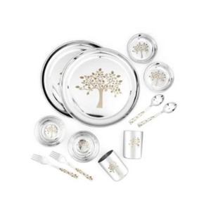 Ensemble de vaisselle en acier inoxydable de qualité supérieure, 12 pièces, motif végétal rond, couverts, plats et assiettes inclus - Product Image 6