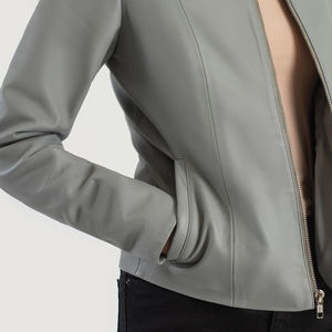 Chaqueta de Cuero Gris Claro para Mujer, Cuello Redondo, Cierre Frontal Simple, Ropa Exterior, Estilo Casual Minimalista para Damas - Product Image 3
