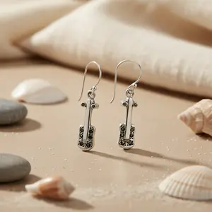 ต่างหูเงินแท้ 925 รูปทรงไวโอลินสำหรับผู้หญิง ประดับพลอยสีดำ เครื่องประดับแฟชั่น - Product Image 3