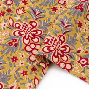 Tissu en voile de coton peigné léger imprimé à la main Pinksa Fashion, motif feuillage jaune et bleu, accessoires pour filles - Product Image 3