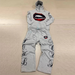 <b>White</b> Flame Print 100% Cotton Drawstring Tracksuit Pullover Hoodie <b>Jogger</b> Pants Two Piece Streetwear Set Custom Logo Winter Wear - Product Image 2